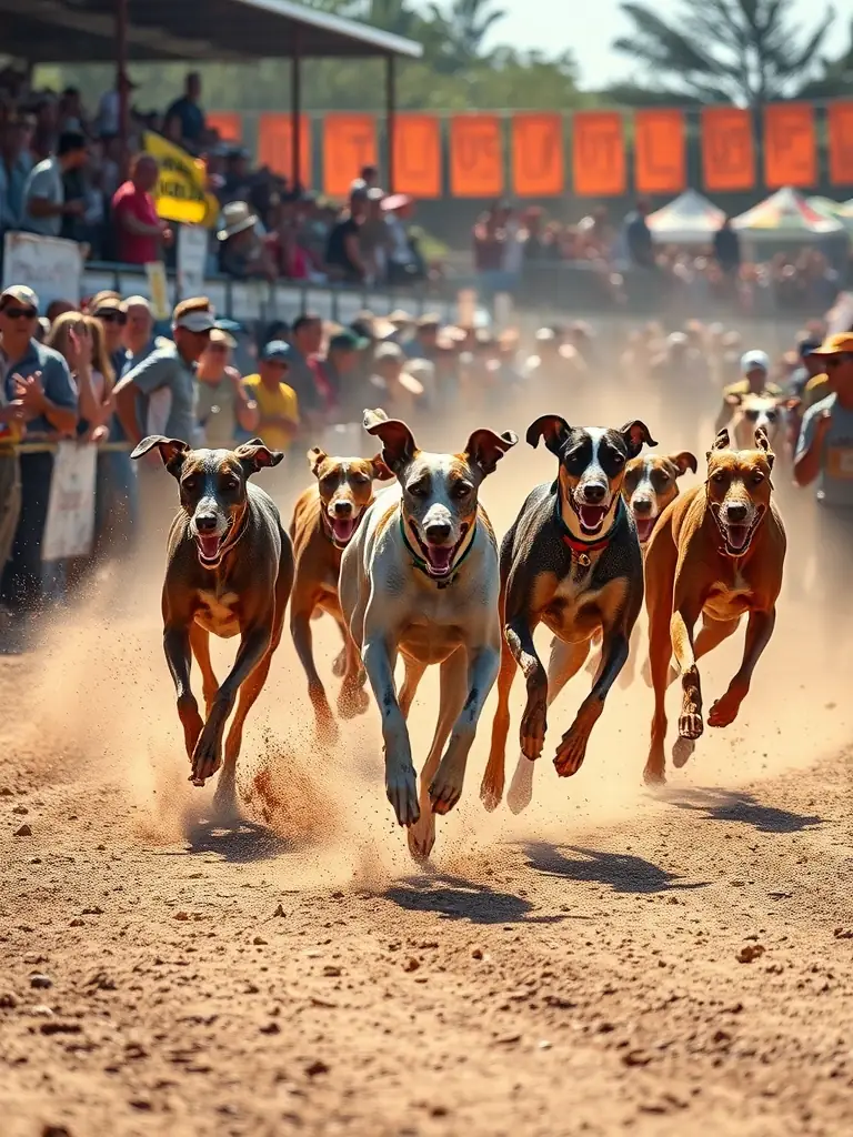 A pack of sighthounds racing at full speed on a track during an SRCL organized race, capturing the excitement and competitive spirit of the event.