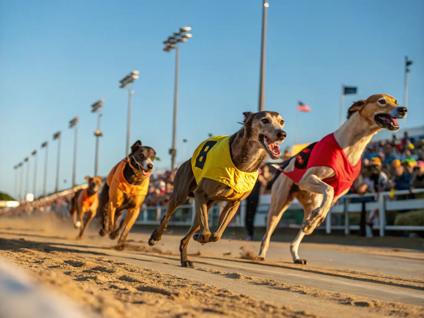 A vibrant image capturing the excitement of a sighthound race, with dogs sprinting across the field and spectators cheering in the background.