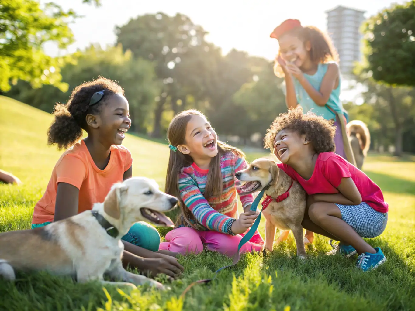 A heartwarming image of young participants engaging with sighthounds in a youth development program, learning about responsible pet ownership and animal care.