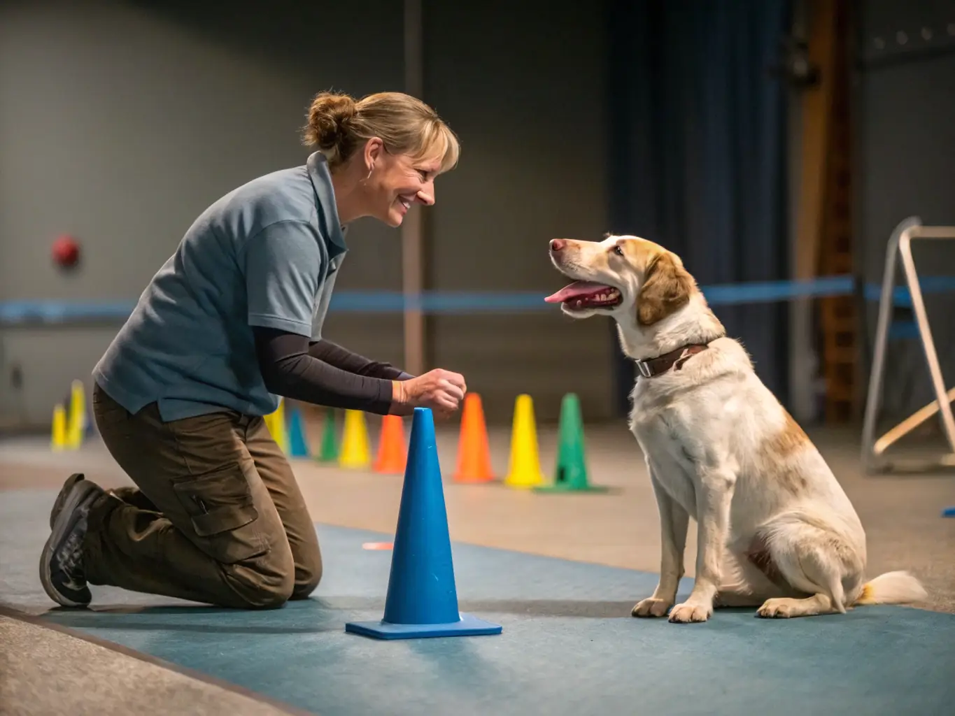 A focused image of a trainer working closely with a sighthound during a training session, demonstrating techniques and providing guidance.